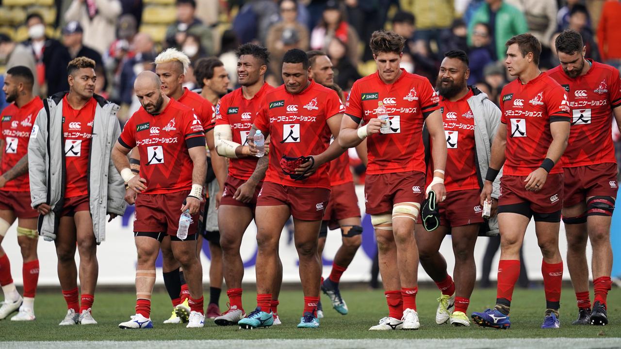Sunwolves players show dejection at Prince Chichibu Memorial Ground in Tokyo.