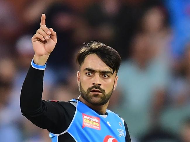 ADELAIDE, AUSTRALIA - JANUARY 11: Rashid Khan of the Adelaide Strikers celebrates after taking the wicket of Dwayne Bravo of the Melbourne Stars  during the Big Bash league match between the Adelaide Strikers and the Melbourne Stars at Adelaide Oval on January 11, 2019 in Adelaide, Australia.  (Photo by Mark Brake/Getty Images)