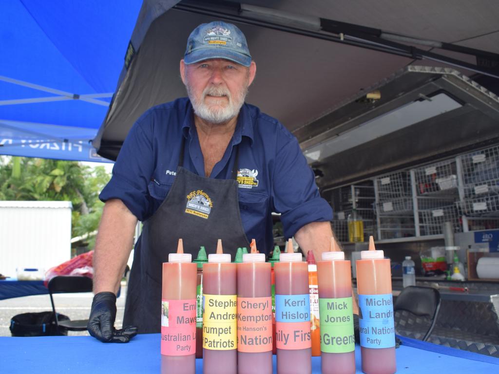 Frenchville State School Fitzroy River Men’s Shed Peter Tyler showcases their very own unofficial exit poll for the seat of Capricornia in the 2025 Federal Election. Pic: Gabriel Garcia