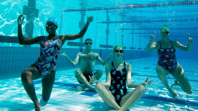 Darwin Stingers’ Dr Althea Neblett, Haydn Valle, Laura Wade, Jac Stirrat, training at Parap Pool, Darwin NT. Picture: David Hancock.