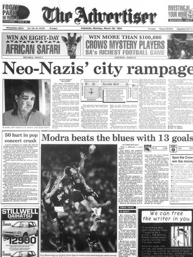 The Advertiser’s front page reporting on the 1994 rampage.