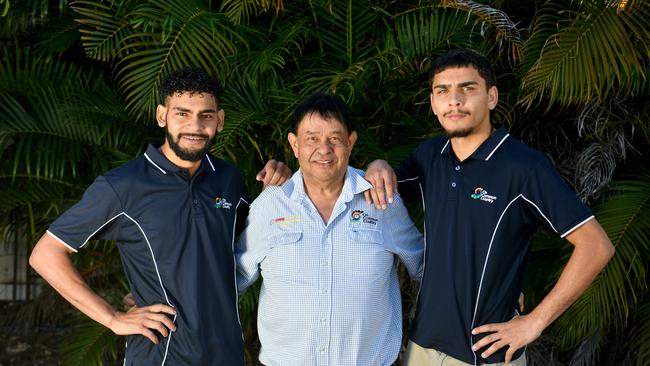 On Common Country Managing Director Noel Gertz (centre) with Jake Harrigan and Jeramaine Nean who have both found work after graduating from the On Common Country customised First Nations Work Preparation Program for the Automotive Industry. Picture: Evan Morgan