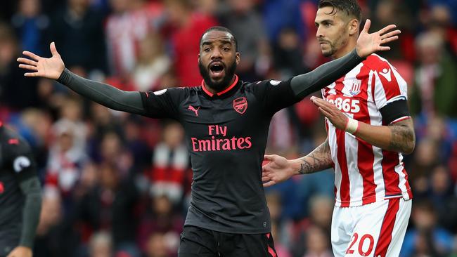 STOKE ON TRENT, ENGLAND - AUGUST 19: Alexandre Lacazette of Arsenal reacts to having his goal rulled for offisde during the Premier League match between Stoke City and Arsenal at Bet365 Stadium on August 19, 2017 in Stoke on Trent, England.  (Photo by David Rogers/Getty Images)