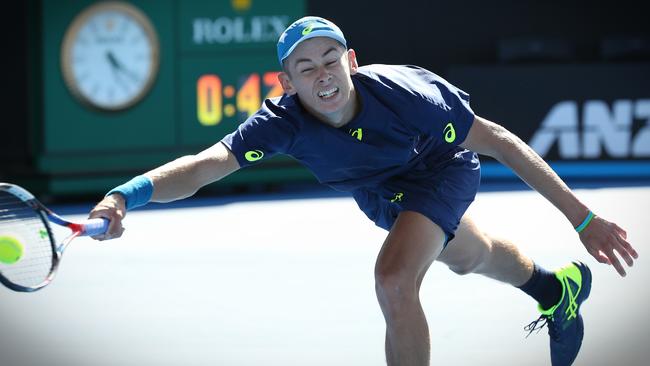 Alex de Minaur was running for much of the match. Picture: George Salpigtidis