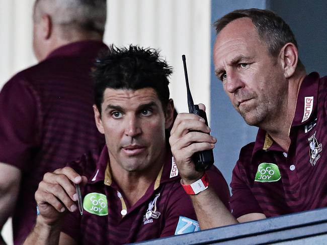 20/2/16 Coach Trent Barrett confers with John Cartwright as manly go to take a 58-0 win. Manly Sea Eagles trial match against Ipswich Jets at Pittwater park on Saturday afternoon. Adam Yip/The Daily Telegraph