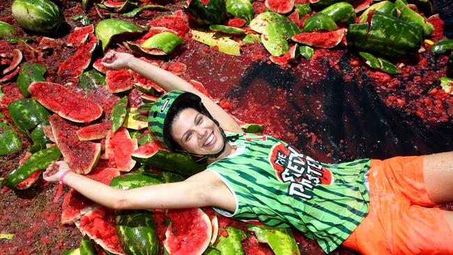 Morgan Johnsen from Robina qld 0403576883, after competing in the melon-skiing  competition, at the Chinchilla Melon Festival - Photo Steve Pohlner