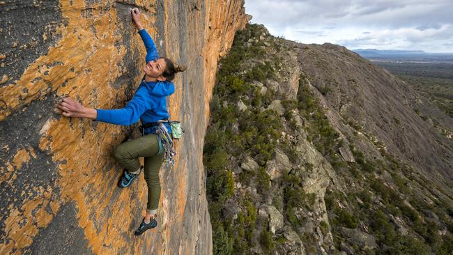 Kerrin Gale scales the Taipan Wall on a permitted climb in the Grampians. Picture: Simon Carter