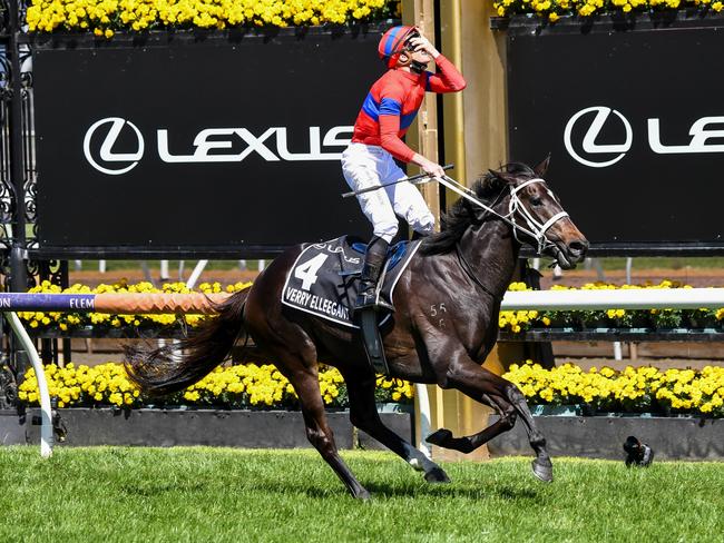 Verry Elleegant (NZ) ridden by James McDonald wins the Lexus Melbourne Cup at Flemington Racecourse on November 02, 2021 in Flemington, Australia. (Pat Scala/Racing Photos via Getty Images)