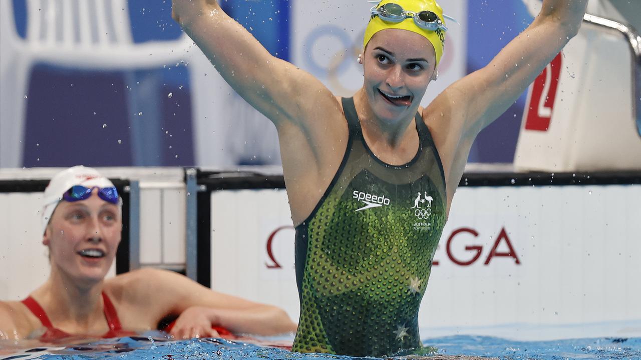 McKeown celebrates her gold medal swim in the 200m backstroke in Tokyo. Picture: Alex Coppel