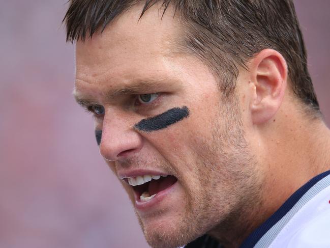 BUFFALO, NY - SEPTEMBER 30: Tom Brady #12 of the New England Patriots yells on the sideline during an NFL game against the Buffalo Bills at Ralph Wilson Stadium on September 30, 2012 in Orchard Park, New York. (Photo by Tom Szczerbowski/Getty Images)