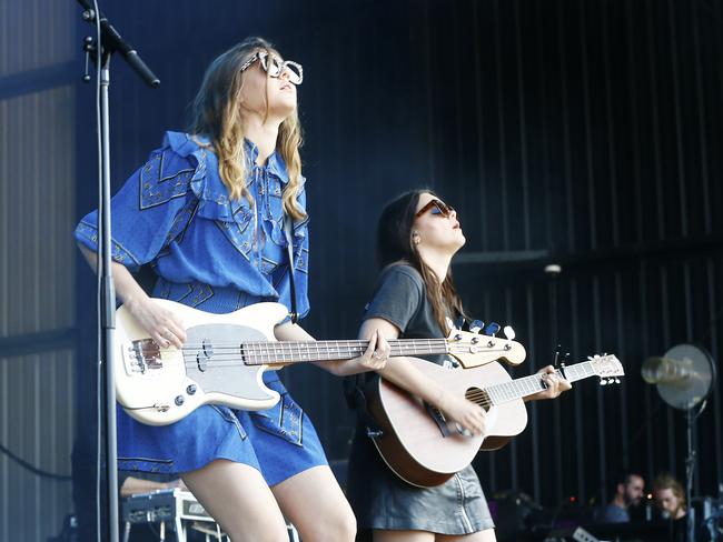 Falls Festival Day 3 at Marion Bay, New Years Eve. Sisters Johanna Enskede, left, and Klara Enskede, of Swedish band First Aid Kit, on stage. PICTURE: MATT THOMPSON