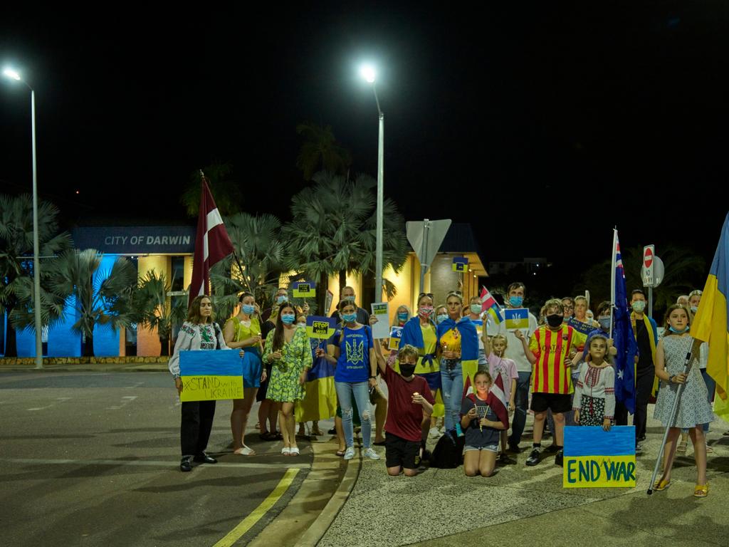 Darwin Residents unite to show their support for Ukraine. The Darwin Civic Centre has lit up in the colours of Ukraine. Picture: Shane Eecen