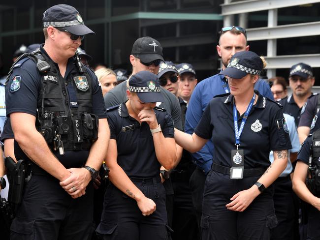 Memorial police service for Constable Matthew Arnold and Constable Rachel McCrow at Townsville Police Station. Constable Glenn Templeton and Constable Bree Lochyear, who went through Police Academy with Rachel, Constable Dakotah Camin who knew Matthew. Picture: Evan Morgan