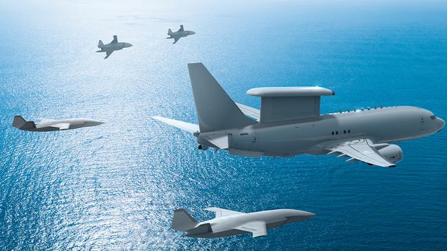 An artist’s rendering of the officially designated MQ-28A Ghost Bats, formerly the Loyal Wingman, flying with the Boeing E-7.