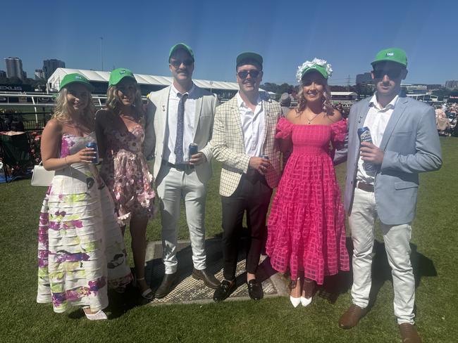 Rachael Heywood, Bre Dillon, Brendan Markey, Mitchell Williams, Sammie Kudrins and Caleb Daskalovski at the Melbourne Cup at Flemington Racecourse on November 5, 2024. Picture: Phillippa Butt