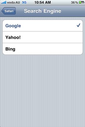 <p>You also have the option of picking your Safari search engine. Google's still in there, but Bing and Yahoo also join the party.</p> <p>While it seems that most people opt for Google for general search, let alone search on their iPhones, it's always nice to have the option.</p> <p>We think it's more about Apple trying to move away from using Google products in their phones, but then that's just us.</p>