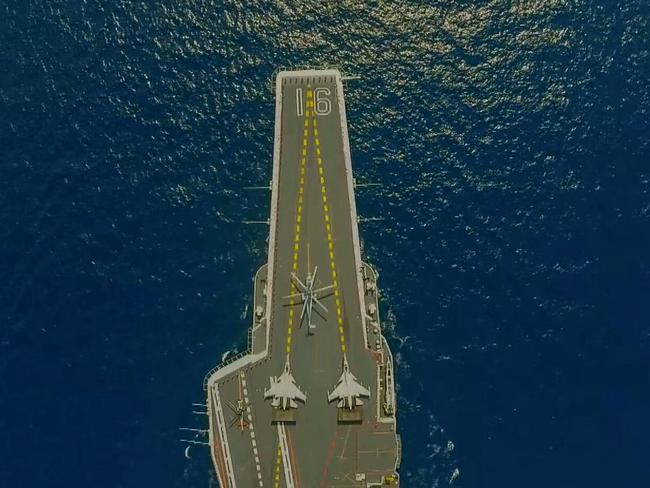 A view of teh forward flight deck of the Chinese aircraft carrier Liaoning. Picture: Xinhua