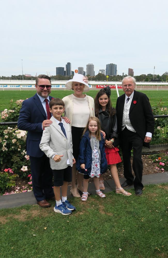 Kristina, Matthias, Martin, Arthur, Josephine and Margareta at Seppelt Wines Stakes Day 2024 at Flemington Racecourse. Picture: Gemma Scerri