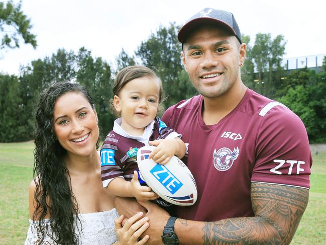 Manly Sea Eagle Frank Winterstein with wife Taylor and son Ziggy. Picture: Mark Evans