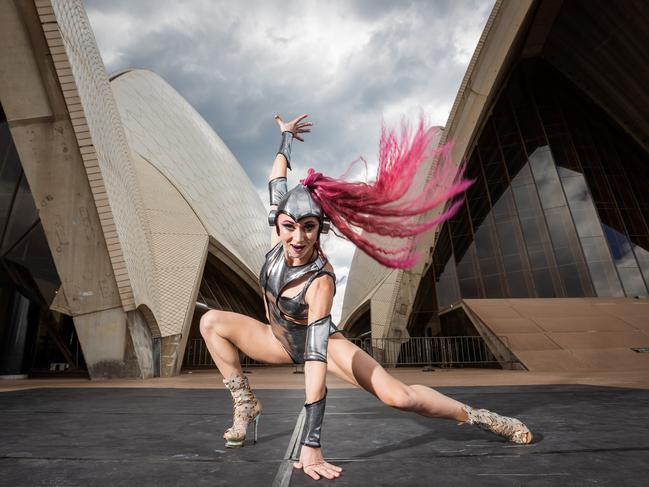 Pole performer Polina Volchek from Cirque Stratosphere at the Sydney Opera House. Picture: Daniel Boud