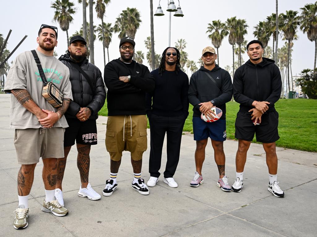 The Cronulla Sharks during training at Venice Beach. Picture: Grant Trouville