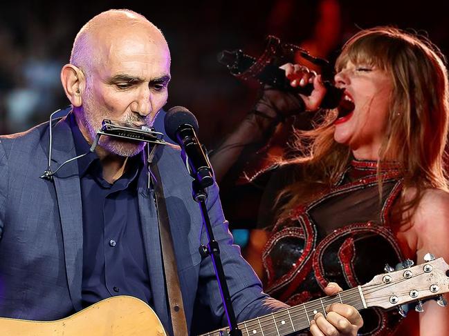 Singer-songwriters Paul Kelly (left) and Taylor Swift (right), in a digitally altered composite image (16x9). Artwork: Emilia Tortorella