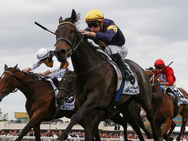 MELBOURNE , AUSTRALIA. October 21, 2023.  Caufield Cup Day.   Race 5 . The Thousand Guineas Prelude. Coeur Volante ridden by Blake Shinn is too good in winning the 5th race   . Pic: Michael Klein