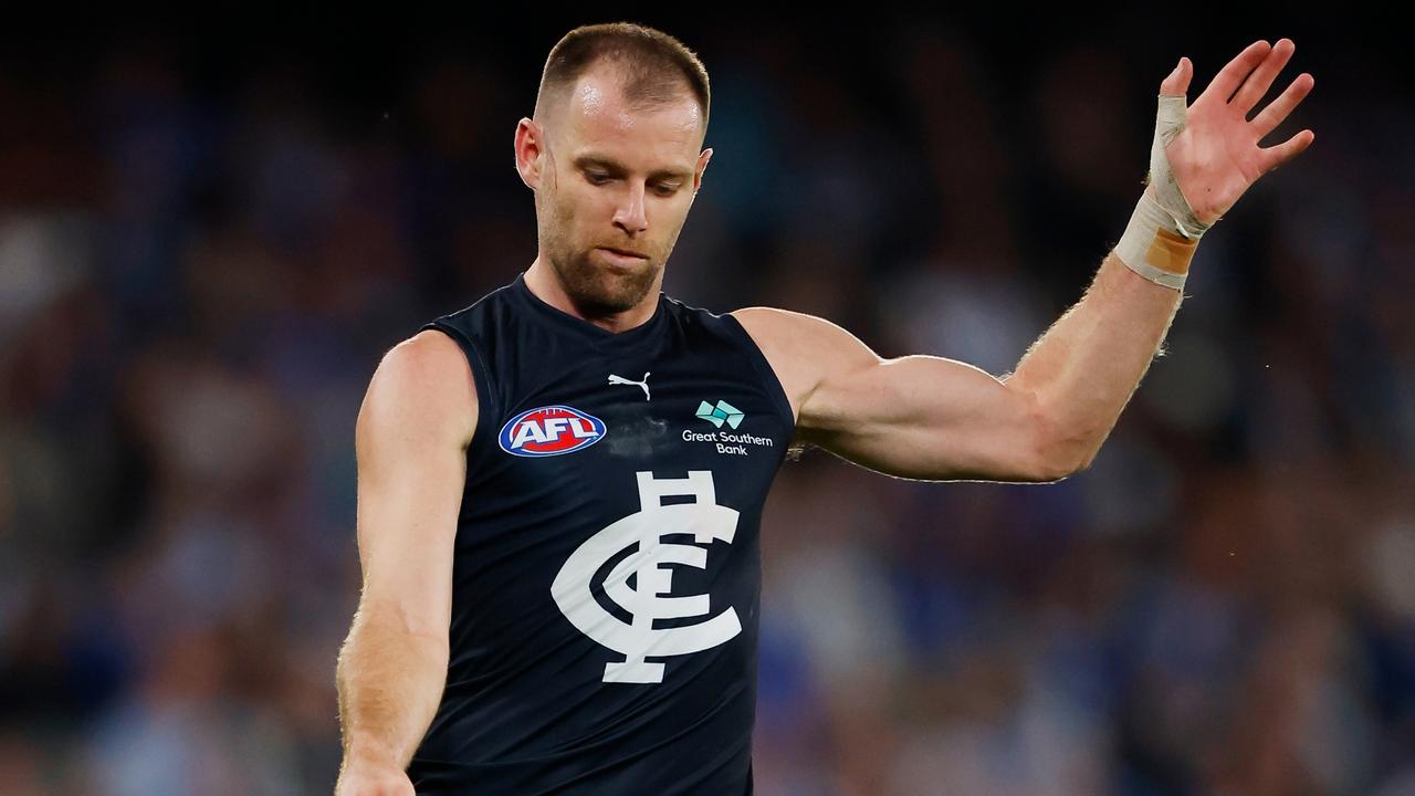 Sam Docherty could miss six games in a crucial stretch for the Blues which includes matches against St Kilda, Brisbane and Collingwood. Picture: Dylan Burns / Getty Images