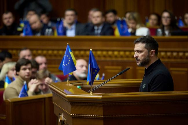 Ukraine President Volodymyr Zelensky addresses members of the Ukrainian parliament in Kyiv to announce details of his Victory Plan to end the war in his country