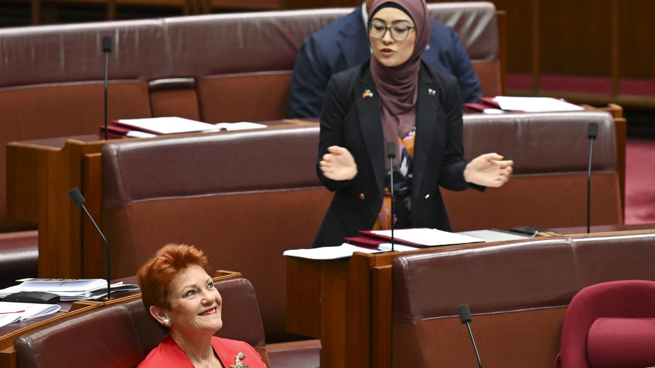 Ms Hanson smiling as Ms Payman went after her in the Senate today. Picture: Martin Ollman/NewsWire