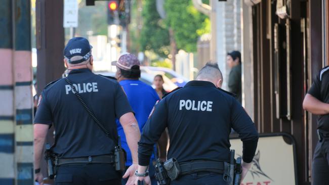 ALICE SPRINGS, MONDAY, JULY 8, 2024: Police on the beat in Alice Springs hours after Northern Territory Police Commissioner Michael Murphy enacted a 72-hour snap 10pm-6am curfew for all residents in the CBD after spates of violent incidents. Pictures: Gera Kazakov