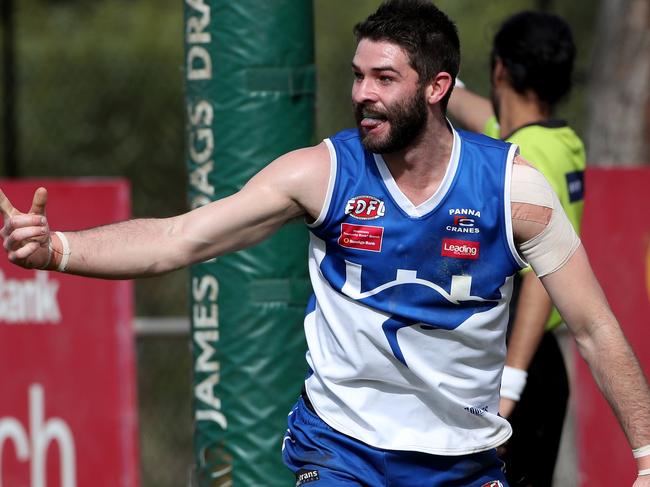 Joshua Burgess celebrates a goal for Sunbury Kangaroos in the major semi-final. Picture: Mark Dadswell