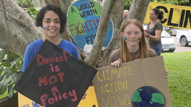 Year 11 student Pranikaa Gulati and Year 6 student Mali Everett at the School Strike 4 Climate on Cairns Esplanade. Picture: Andreas Nicola.