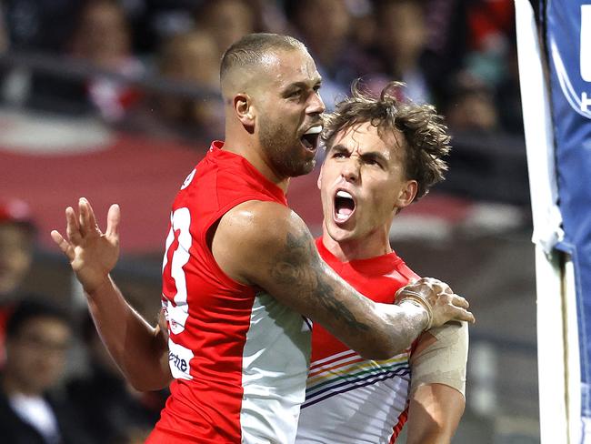 SydneyÃs Lance Franklin in his 350th AFL match celebrates kicking a goal  with Ryan Clarke during the AFL Round 13 Pride Game match between the  Sydney Swans and St. Kilda Saints at the SCG on June 8, 2023. Photo by Phil Hillyard(Image Supplied for Editorial Use only - **NO ON SALES** - Â©Phil Hillyard )