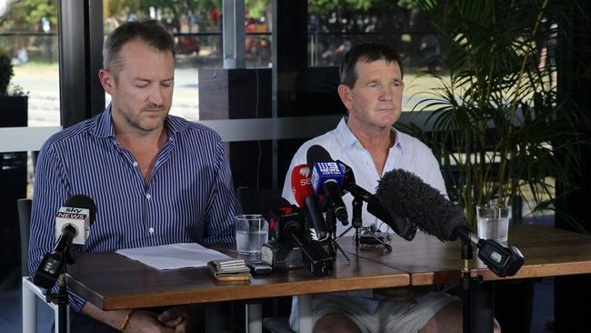 Pictured is Aaron Shaw (L) (Managing Director of Sydney Sea Planes and Ken Gaunt (Co-Director) address the media following the fatal seaplane crash. Picture: Christian Gilles