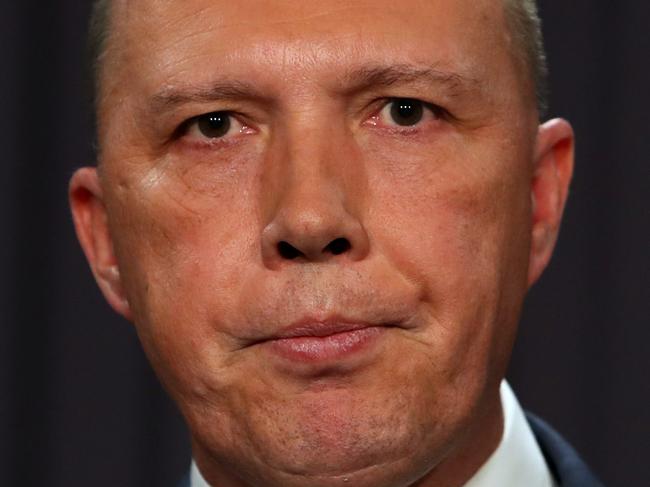 Minister for Home Affairs Peter Dutton holding a press conference at Parliament House in Canberra. Picture Kym Smith