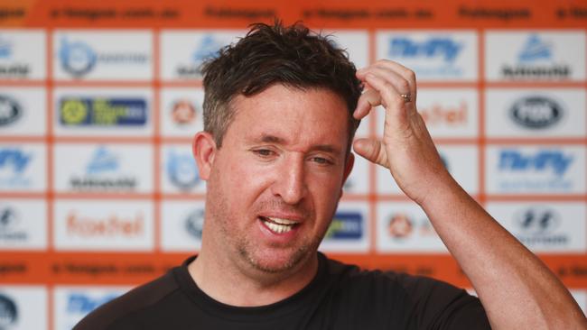 Brisbane Roar coach Robbie Fowler speaks to media. Picture: AAP Image/Glenn Hunt