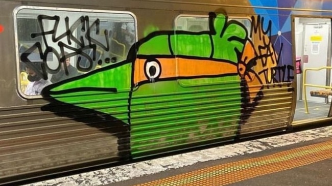 A ninja turtle themed ‘Pam the Bird’ spotted on a train in Melbourne. Picture: Instagram/goodbirdart