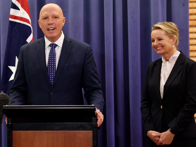 CANBERRA, AUSTRALIA - NewsWire Photos - May 30 2022:  New Liberal Party leader Peter Dutton and his deputy Sussan Ley (R) speak to media after the Liberal Party Room Meeting at Parliament House in Canberra. Picture: NCA NewsWire / Tracey Nearmy