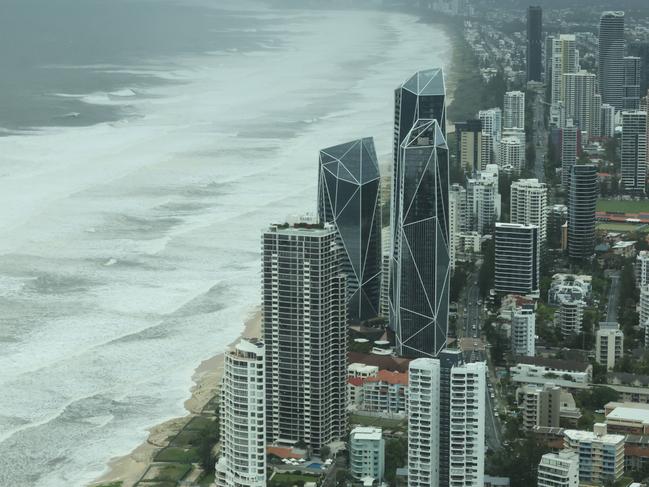 The view from Q1 of the giant surf, created by Cyclone Alfred, pounding the beachfront on the Gold Coast. Picture Glenn Hampson