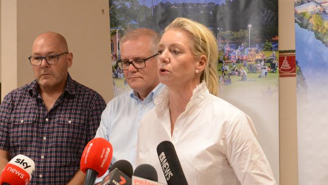 Lismore City Mayor Steve Krieg, National Recovery and Resilience Minister Bridget Mckenzie and Prime Minister Scott Morrison in Lismore City Council Chambers where the Prime Minister gave an address announcing financial support for flood affected parts of the Northern Rivers on Wednesday. Picture: Nicholas Rupolo