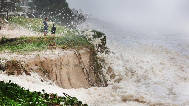 Gold Coast battered by Cyclone Alfred, as it made land. Erosion and foam make for a spectacle at Main Beach. Picture Glenn Hampson