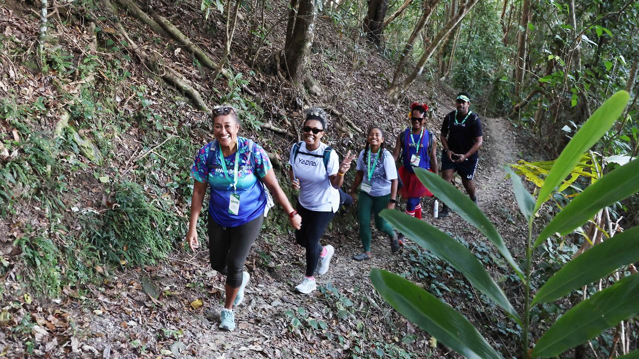 114 walkers and runners have raised more than $20,000 for the Far North Queensland Hospital Foundation in this year's BDO Arrow Experience, running and walking the arrow tracks on Mt Whitfield for charity. The proceeds from this year's event will help go towards the purchase of a new surgical robot for the Cairns Hospital. Maureen Bolawaqatabu, Vanessa Tawake, Betty Tawake, Maika Qalulu and Kami Radrodro took on the long course together, walking the green, blue, red then yellow arrow tails in succession on Saturday morning. Picture: Brendan Radke