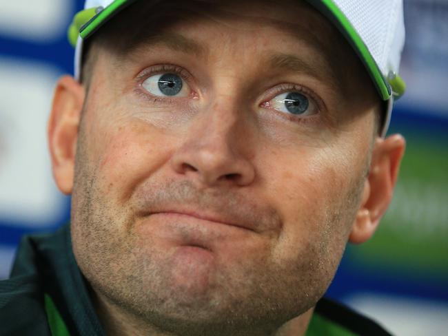 Australia's cricket team captain, Michael Clarke, listens to a question during a press conference at Old Merchant Taylors’ School, Northwood, England, Sunday June 21, 2015 ahead of their friendly match against Kent. Clarke has dismissed a suggestion from former Ashes winner Jason Gillespie that the current squad are too old to beat England this summer. In his first press conference ahead of the hotly-anticipated series which begins in Cardiff on July 8, Clarke cut a relaxed figure as he said Australia were feeling good about their preparations.(Nigel French/PA via AP) UNITED KINGDOM OUT NO SALES NO ARCHIVE