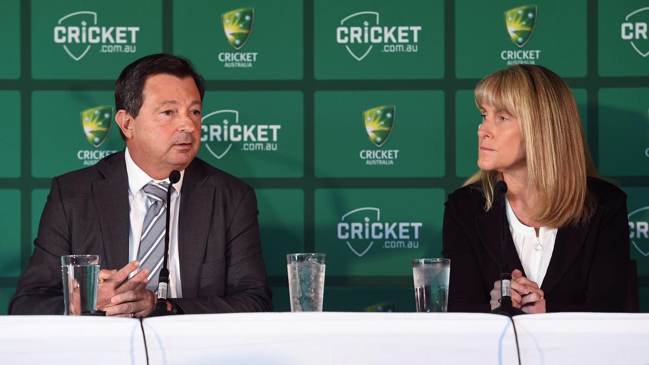 Cricket Australia chairman David Peever and chair of the review subcommittee Jacquie Hey address the media after the release of yesterday’s report. Picture: AFP