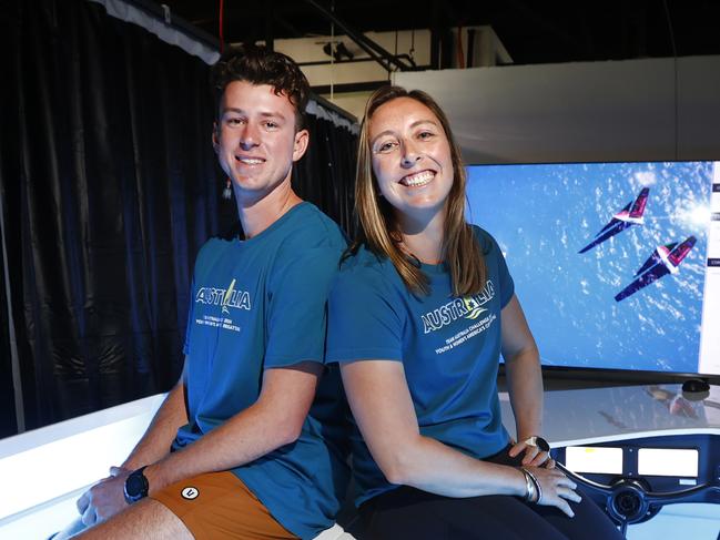 DAILY TELEGRAPH 14TH SEPTEMBER 2023Pictured are Australian sailors Jack Ferguson and Olivia Price.AustraliaÃs next generation America's Cup sailors using a flight simulator to trial for positions in the Australian teams at the America's Cup next year.Picture: Richard Dobson