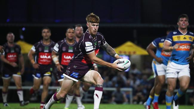 Burleigh Bears halfback Guy Hamilton shapes to pass during a pre-season trial against Gold Coast Titans at Pizzey Park. February 20, 2021. Photo Jason O'Brien