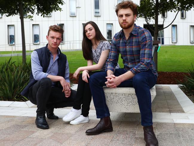 05/09/19 Deakin University students (L-R) Robbie Mitten, Camila Rodriguez and Luke Dalle Nogare who are also members of the University Liberal club. Aaron Francis/The Australian