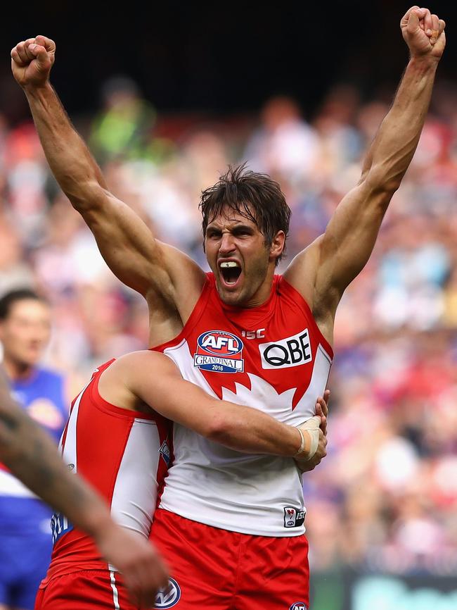 Josh Kennedy celebrates a goal.