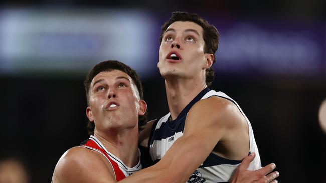 MELBOURNE, AUSTRALIA - August 19, 2023. AFL . Rowan Marshall of the Saints and Shannon Neale of the Cats during the round 23 match between St Kilda and Geelong at Marvel Stadium in Melbourne, Australia. Photo by Michael Klein.